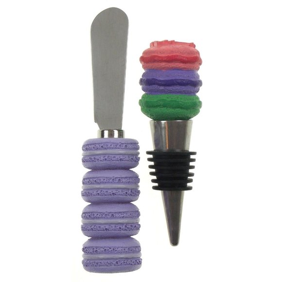 Eiffel Tower Macaron Bottle Stopper Macaroon Cheese Spreader Set 2 Purple Knife - Picture 1 of 3